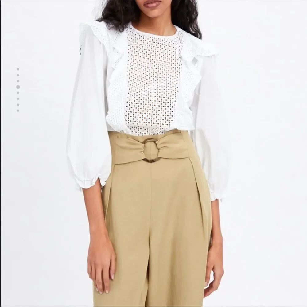 ZARA High Waisted Linen Wide Leg Pants Camel Tan M